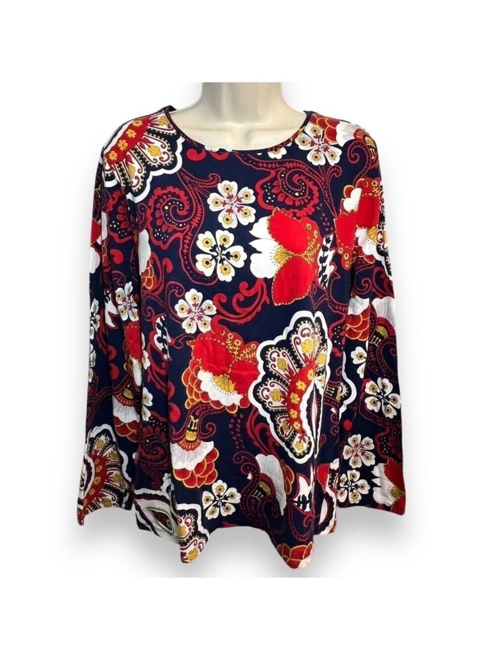 Talbots Women’s Long Sleeve Cotton Tee Navy Red Paisley Size XL